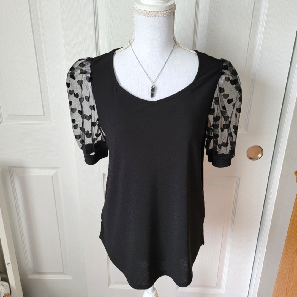 Love Scarlett Black Mesh Heart Print Puffy Sleeves Feminine Blouse